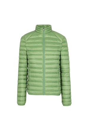 Giacca imbottita verde chiaro con collo alto e zip completa, caratterizzata da un motivo a quadri orizzontali e una vestibilità slim.