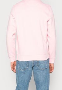 Felpa rosa chiaro con maniche lunghe, polsini e orlo a coste. Presenta una texture liscia, indossata sopra jeans di denim blu.