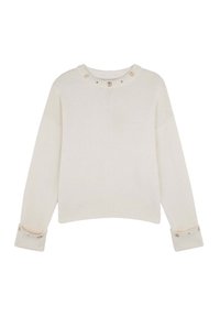 Cremefarvet strikket sweater med rund halsudskæring, der har knapper og dekorerende detaljer nær kraven og ved manchetten.