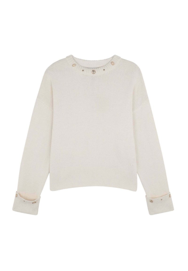 Cremefarvet strikket sweater med rund halsudskæring, der har knapper og dekorerende detaljer nær kraven og ved manchetten.