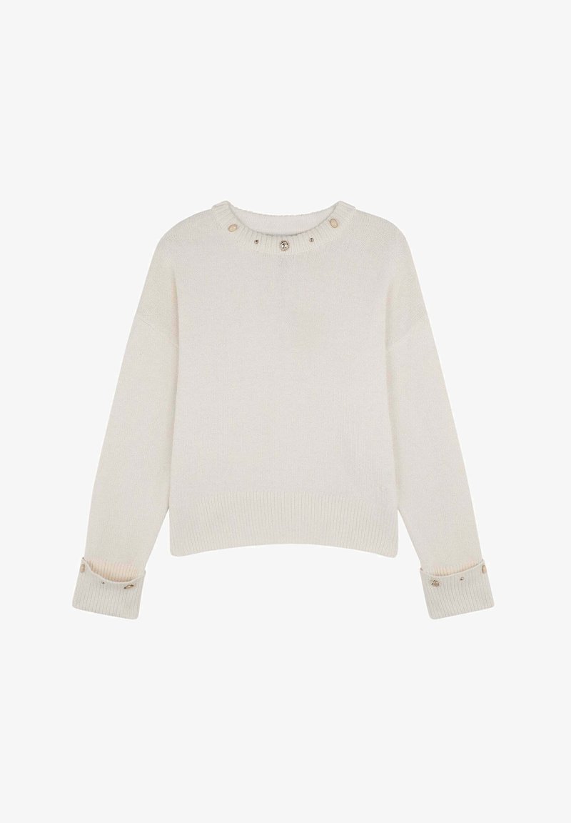 Cream knitted sweater with a round neckline, featuring buttons and decorative accents near the collar and at the cuffs.