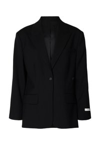 Μαύρο μονόπετο σακάκι με πέτο notch, δύο μπροστινές τσέπες με καπάκι, μία τσέπη στο στήθος και κούμπωμα με κουμπιά.