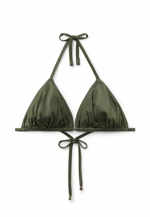 Olivgrüner, dreieckiger Bikini-Oberteil mit verstellbaren Bändern. Verfügt über eine geraffte Textur und metallische quadratische Akzente an den Enden der Bänder.