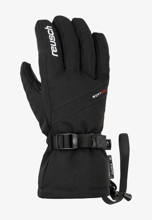 Sorte vinterhandsker lavet af softshell-materiale, med en snoretræk, struktureret greb og forstærkede fingerspidser for holdbarhed.