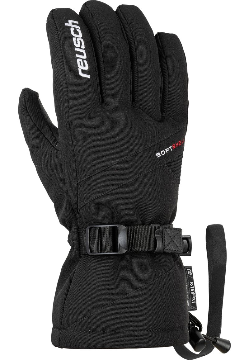 Black winter gloves made of softshell material, featuring a cinch strap, textured grip, and reinforced fingertips for durability.