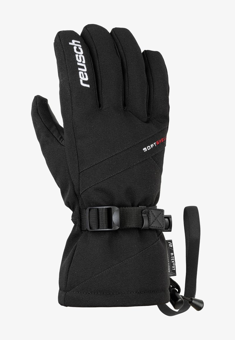 Black winter gloves made of softshell material, featuring a cinch strap, textured grip, and reinforced fingertips for durability.