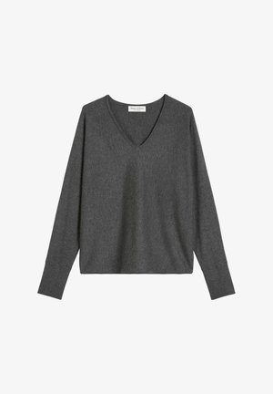 Gray V-neck sweater with long sleeves, made of soft fabric, featuring a relaxed fit and minimalistic design. Tag visible at the neckline.