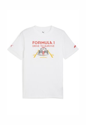Biała bawełniana koszulka z tekstem "FORMULA 1 DRIVE TO SURVIVE", grafiką wyścigowego samochodu i czerwonymi akcentami na rękawach.