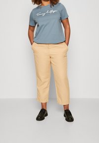 Niebieska bawełniana koszulka z białym logo "Tommy Hilfiger", w parze z beżowymi spodniami w wersji cropped i czarnymi sznurowanymi butami. Gładkie tło.