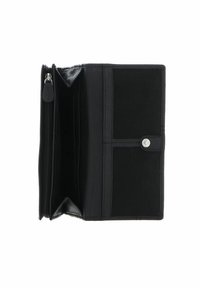 Portefeuille zippé noir, avec un extérieur en cuir lisse, plusieurs emplacements pour cartes, doublure en tissu texturé et fermeture à pression en métal.