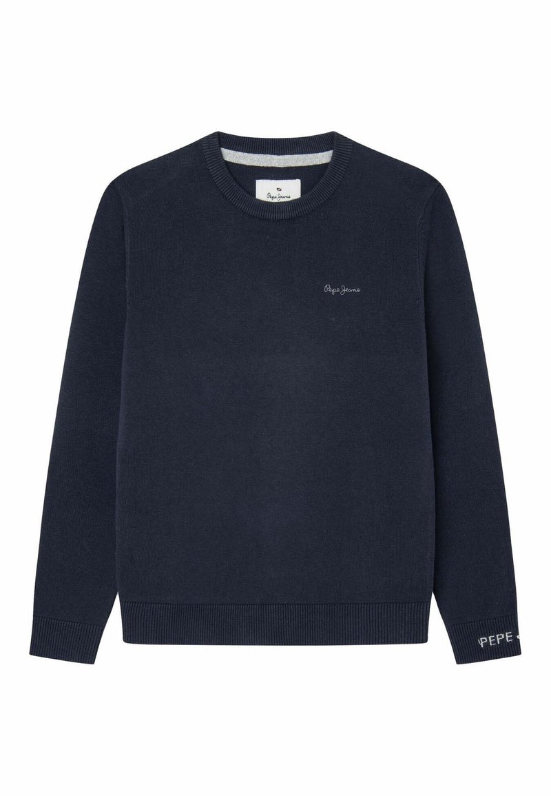 Pull tricoté bleu marine à manches longues avec col rond, petit logo "Pepe Jeans" sur la poitrine et texte "Pepe Jeans" sur le poignet.