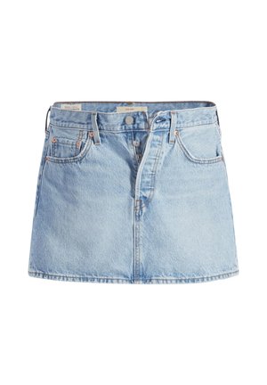 Ljusblå denimkjol med en åtsittande midja, femficksdesign, knappstängning fram och subtil blekning över hela tyget.