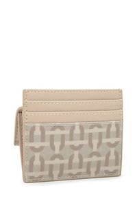 Beige cardholder made of smooth leather and patterned fabric, featuring multiple card slots and contrasting stitching.