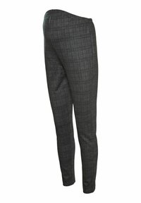 Pantalons à carreaux gris avec une taille élastique, présentant une coupe slim et une texture douce. Le motif comprend des lignes fines de gris plus clair.