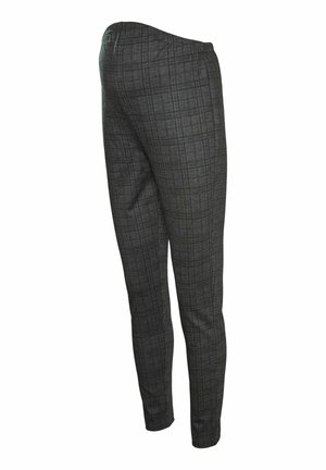 Gray plaid trousers with an elastic waistband, featuring a slim fit and smooth texture. The pattern includes thin lines of lighter gray.
