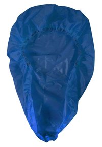 Blaues Einweg-Duschhaube aus Kunststoff. Elastischer Rand mit geraffter Textur, abgerundete Form, konzipiert für vollständige Kopfabdeckung.