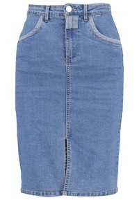 Gonna a matita in denim azzurro chiaro, con una fessura frontale, design a cinque tasche e chiusura con bottone. Texture liscia e lunghezza al ginocchio.