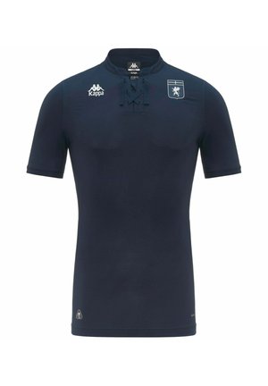 Maglia sportiva blu navy a maniche corte con collo allacciato, logo Kappa sul petto destro e stemma del leone sul petto sinistro.