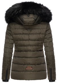 Padded olive green jacket with a black faux fur hood, zipper pockets, and horizontal quilted texture. Features logo patch on back.