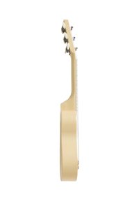 Cream-colored acoustic guitar with a sleek body, smooth finish, and six tuning pegs. Features a defined neck and simple fretboard design.