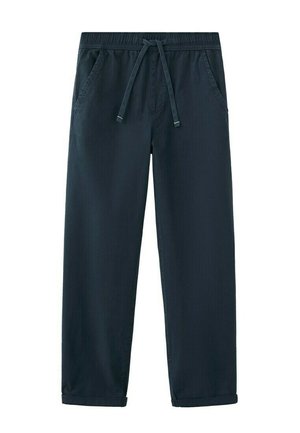Pantalon casual bleu marine avec ceinture élastique, cordon de serrage, poches latérales et ourlets retroussés.