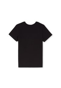 Sort bomulds T-shirt, rund hals, korte ærmer, ensfarvet design, glat tekstur, bagperspektiv. Ingen synlige mønstre eller accenter.