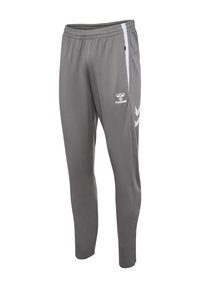 Grau Sporthosen mit schmaler Passform, aus leichtem Material gefertigt. Mit weißen Seitenstreifen und Logo auf dem linken Oberschenkel.