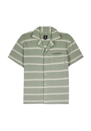 Groene shirt met korte mouwen, voorzien van witte horizontale strepen, een ingehalte kraag, knoopsluiting, patchzak en textuurstof.