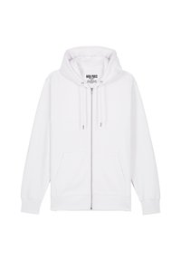 Witte zip-up hoodie van katoen. Heeft een trekkoord capuchon, voorzakken en ribgebreide manchetten. Etikette zegt "MIRA PARIS."