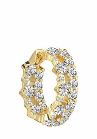 Guldörhänge med hoop-design som har en rad av runda, klara, glittrande stenar i klor, med en polerad yta och slät textur.