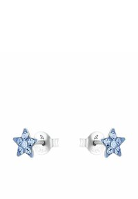 Orecchini a forma di stella in argento sterling con cristalli azzurri. Cinque pietre in ciascun orecchino su uno sfondo blu.