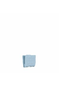 Portafoglio imbottito di colore azzurro chiaro realizzato in materiale lucido. Presenta una chiusura a scatto, un motivo geometrico e una forma rettangolare compatta.