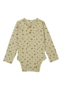 Lange mouw romper in lichtbeige met een groen dieren- en plantenprint. Gekenmerkt door een ronde halslijn en twee houten knopen op de borst.
