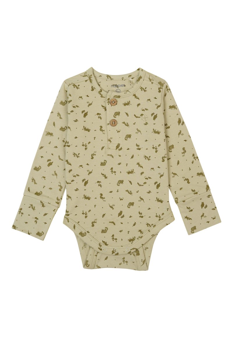Lange mouw romper in lichtbeige met een groen dieren- en plantenprint. Gekenmerkt door een ronde halslijn en twee houten knopen op de borst.