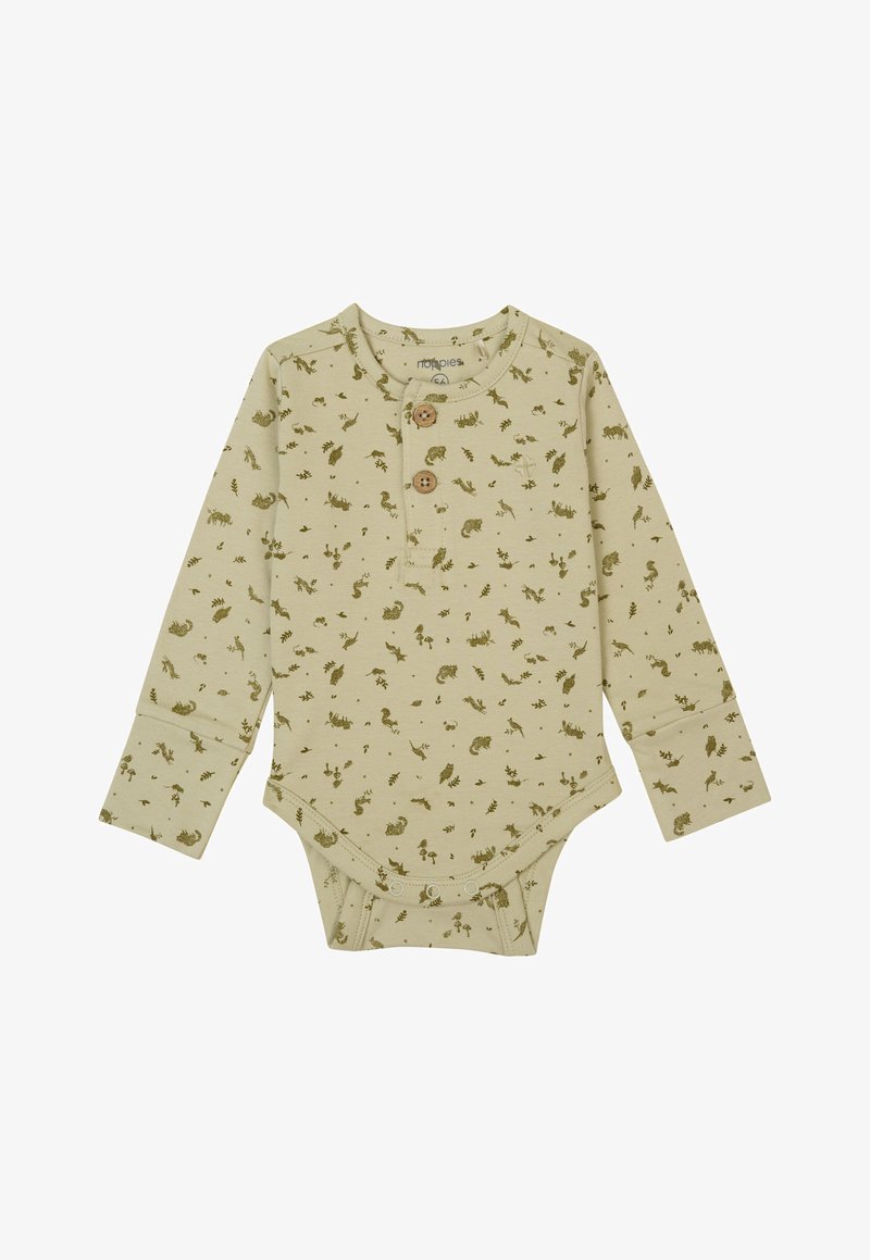 Lange mouw romper in lichtbeige met een groen dieren- en plantenprint. Gekenmerkt door een ronde halslijn en twee houten knopen op de borst.