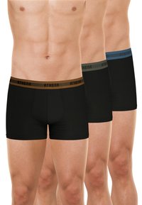 Trois paires de boxers noirs avec ceintures élastiques. Les ceintures sont de couleur marron, olive et bleue, portant la marque "ATHENA" dans un motif répétitif.