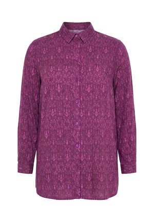 Langärmliges, violettes Hemd mit Knöpfen, dezentem abstraktem Muster, spitzem Kragen und geknöpften Manschetten.