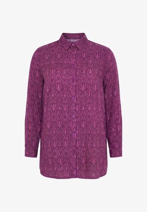 Chemise boutonnée mauve à manches longues avec un motif abstrait subtil, col pointu et manches avec poignets.