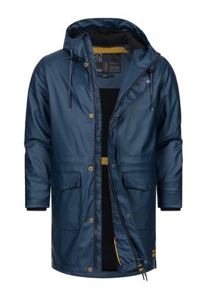 Marinblå vattentät parka med huva, dragkedja och tryckknappslås. Har två framfickor och en kontrasterande innerfoder.