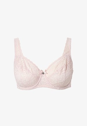 Hellrosa Spitzentraum mit Bügel, verstellbaren Spitzenträgern und einer kleinen zentralen Schleife samt Charme-Detail.