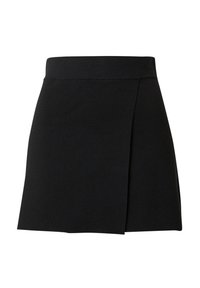 Zwarte gebreide rok met een hoge tailleband, voorzien van een voorklepdetail en een rechte silhouet. Materiaal lijkt zacht en rekbaar.