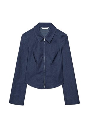 Marineblå langærmet jakke med spids krave og frontlynlås, skræddersyet pasform, lagt fladt på en hvid baggrund.