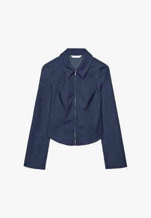 Marineblå langærmet jakke med spids krave og frontlynlås, skræddersyet pasform, lagt fladt på en hvid baggrund.