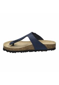Infradito blu navy con suoletta in sughero, suola in gomma nera testurizzata e una cinta opaca a contrasto con un accent circolare.