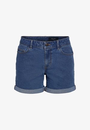 Tumedast siniseks värvitud denimi lühikesed püksid klassikalise lõikega. Omavad rullitud ääriseid, kahe esiosa taskut ja nupplukku. Sile tekstuur.