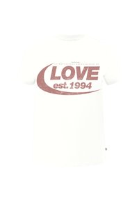 Weißes Baumwoll-T-Shirt mit fettem roten Text, der "INTERNATIONAL ORGANISATION OF LOVE est. 1994" in einem geschwungenen Design zeigt.