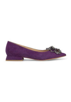Purple suede pointed-toe flat shoe with a low angular heel and decorative embellishment at the front featuring sequins and beads.