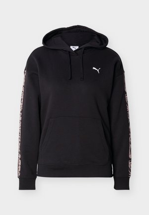 Μαύρο φούτερ με κουκούλα, εμπρός τσέπη, κορδόνια, λευκό λογότυπο Puma στο στήθος και ροζ ρίγες λεοπάρ κατά μήκος κάθε μανικιού.