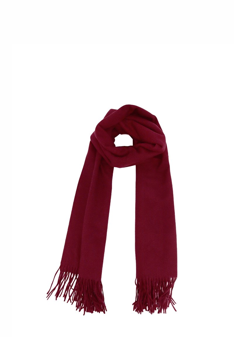 Sciarpa bordeaux realizzata in materiale morbido, con bordi frangiati, avvolta a loop per un facile indosso, con una texture liscia e uniforme in tutto.