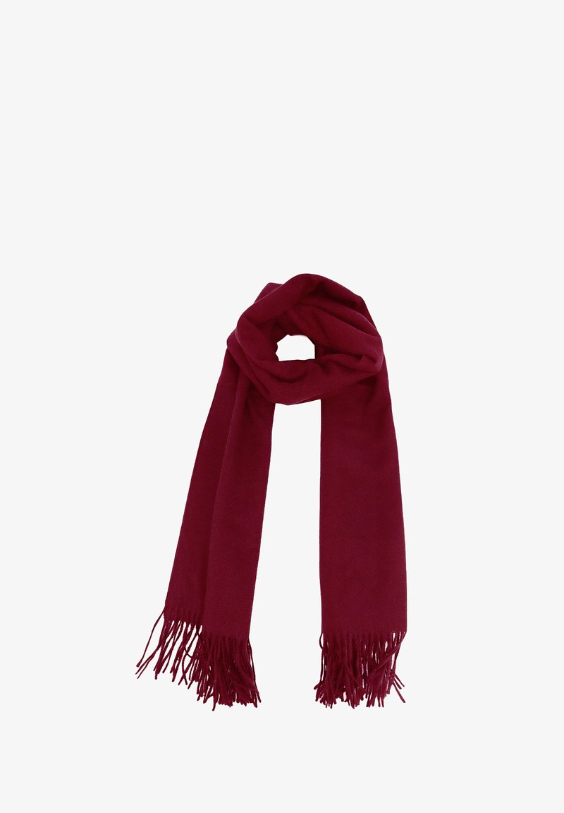 Sciarpa bordeaux realizzata in materiale morbido, con bordi frangiati, avvolta a loop per un facile indosso, con una texture liscia e uniforme in tutto.